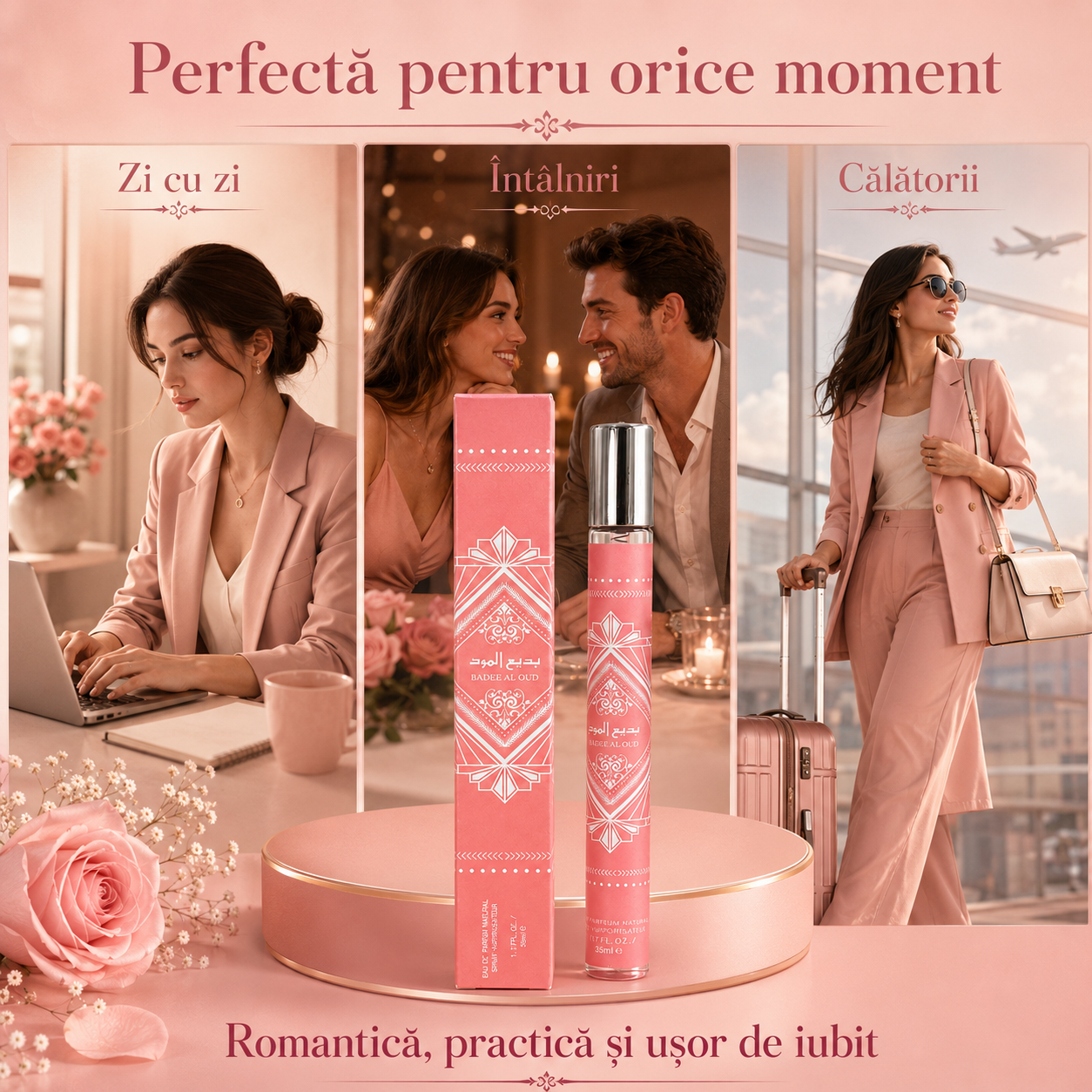 Mostră fiolă parfum Badee Al Oud Rose Milk 35 ml perfectă pentru geantă și călătorii, ușor de purtat oriunde